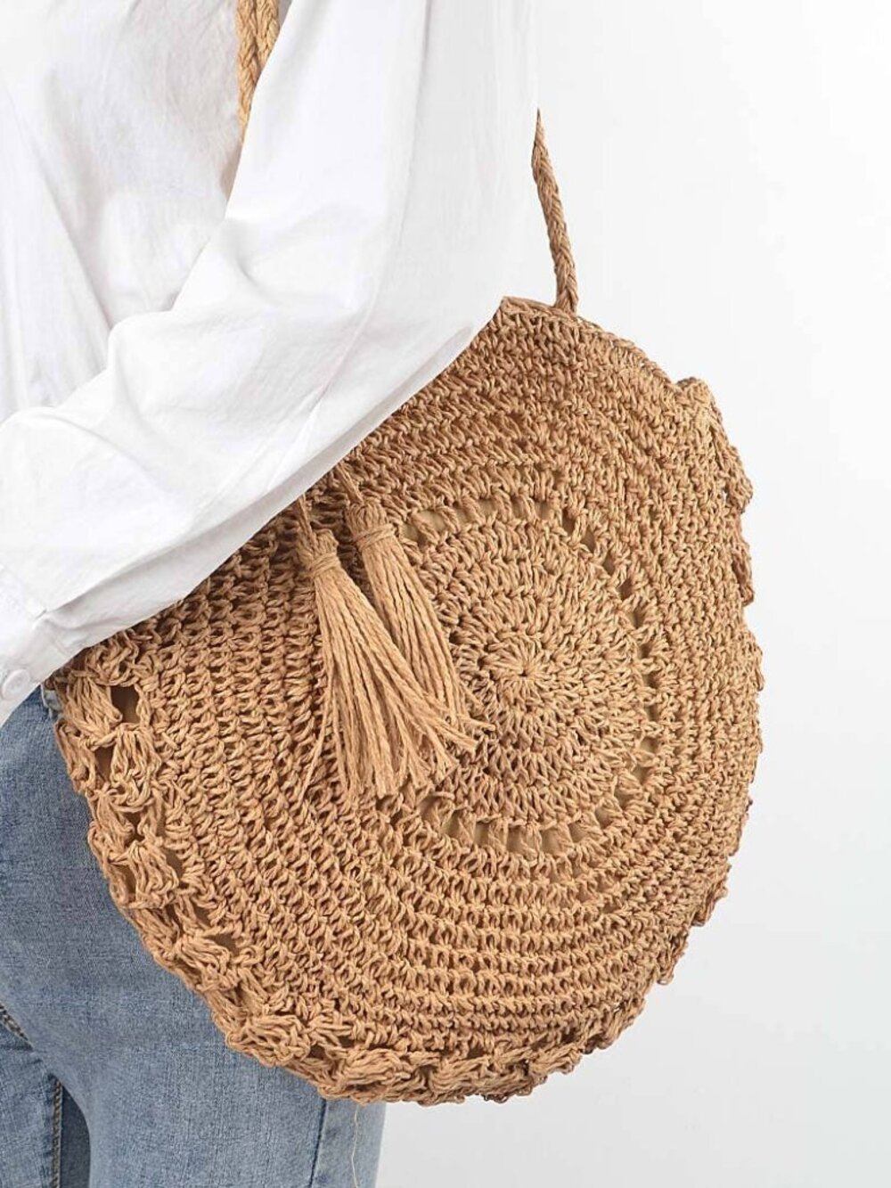 Straw Round Tote Bag, Dark Tan